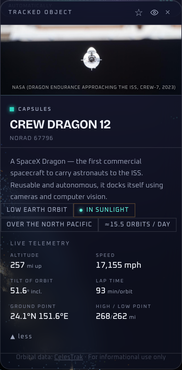 Orbital Traffic's info card for Crew Dragon 12, showing it docked to the ISS with live telemetry