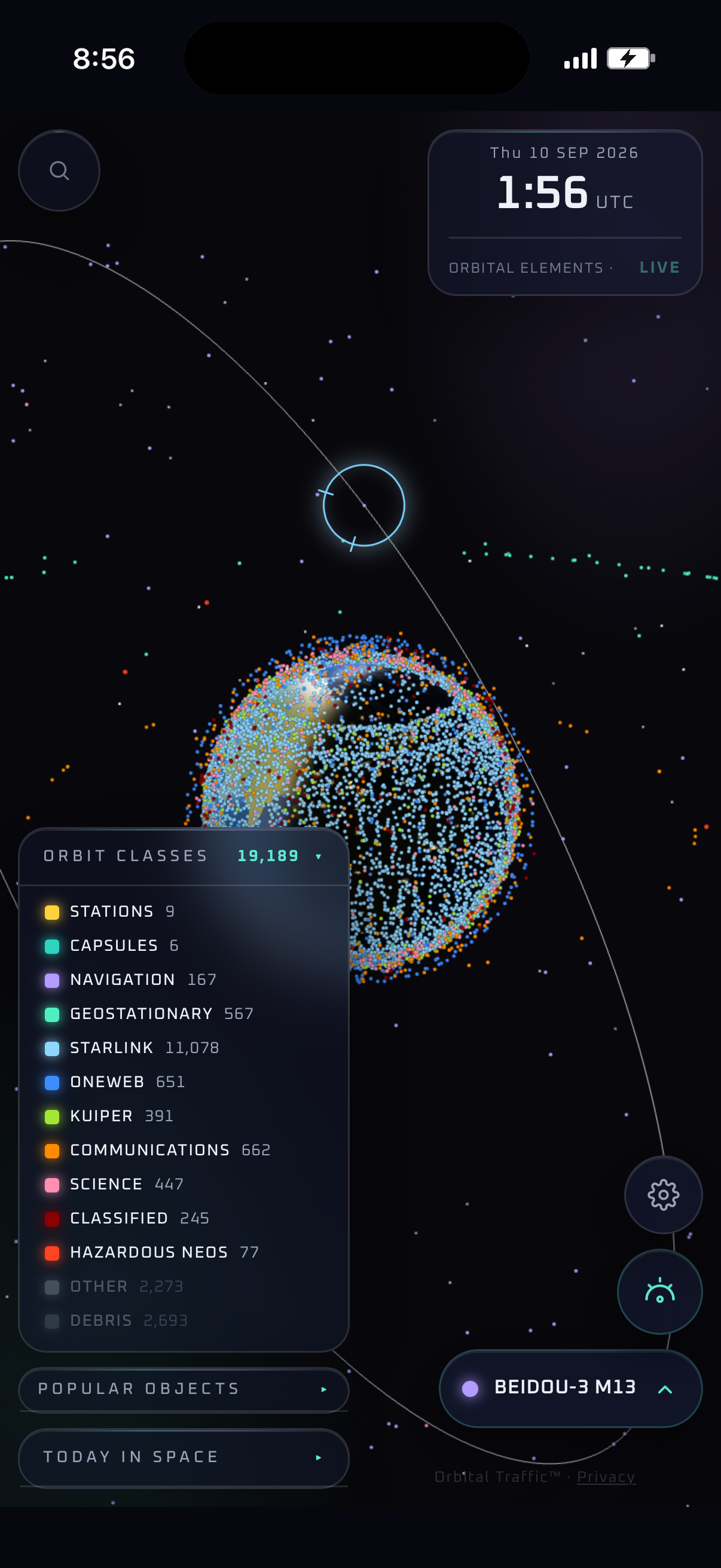 Orbital Traffic showing the live satellite catalog and orbit-class legend on a real-time 3D globe